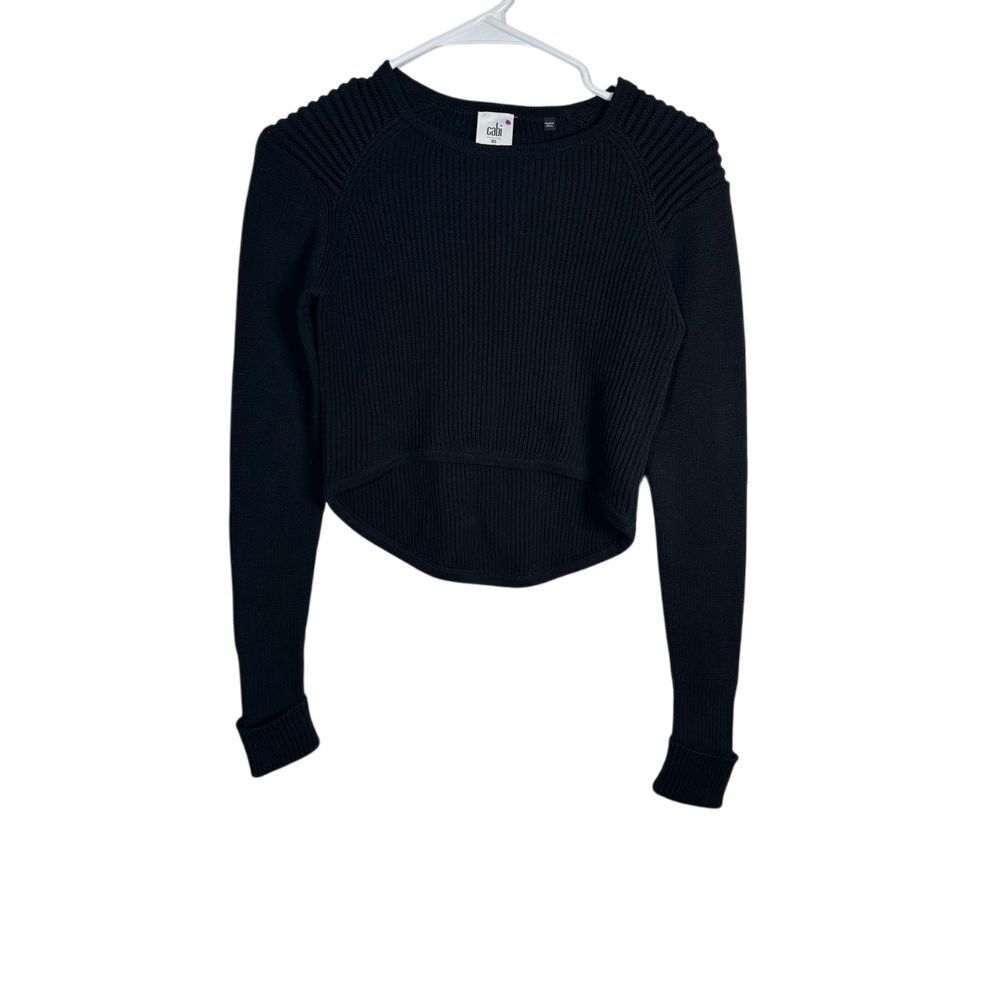Cabi Black Ribbed‎ Cropped Sweater with Shoulder Detail Long Sleeve Pullover XS